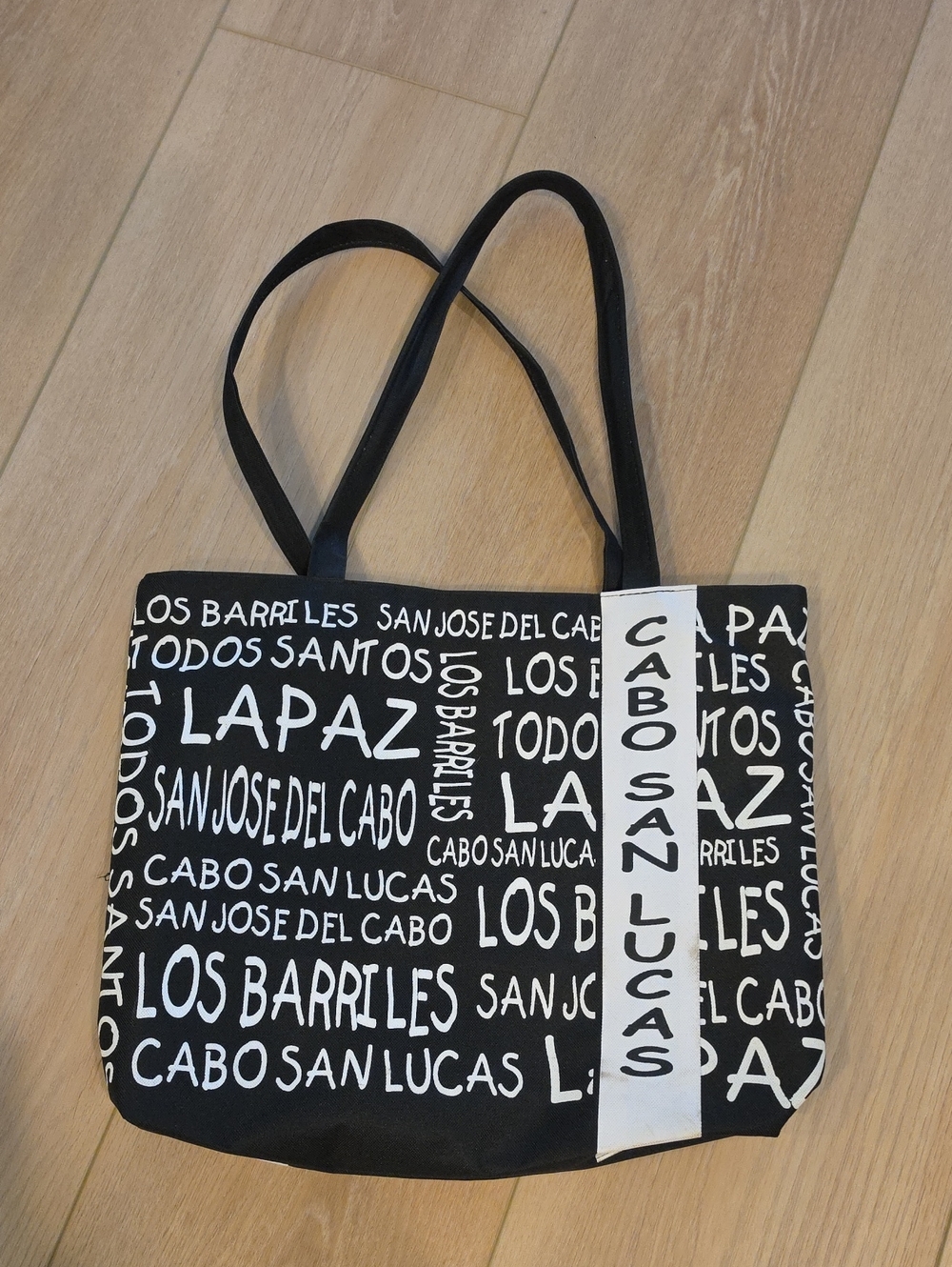 Source Unknown Black and White Cabo San Lucas Text Tote